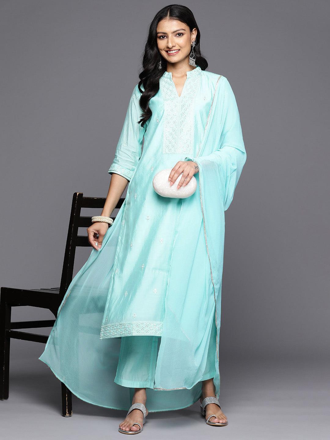 Turquoise Blue Printed Silk Blend Straight Kurta With Trousers & Dupatta