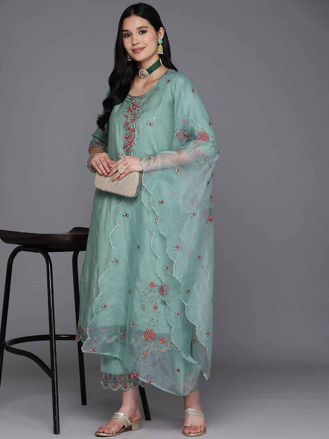 Turquoise Blue Printed Silk Blend Straight Kurta With Trousers & Dupatta