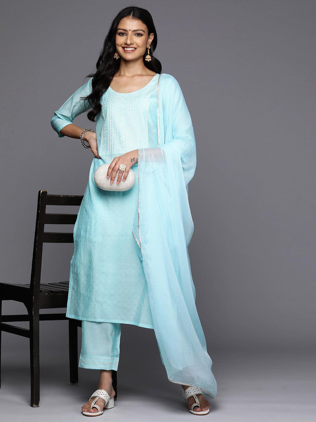 Turquoise Blue Printed Silk Blend Straight Kurta With Trousers & Dupatta