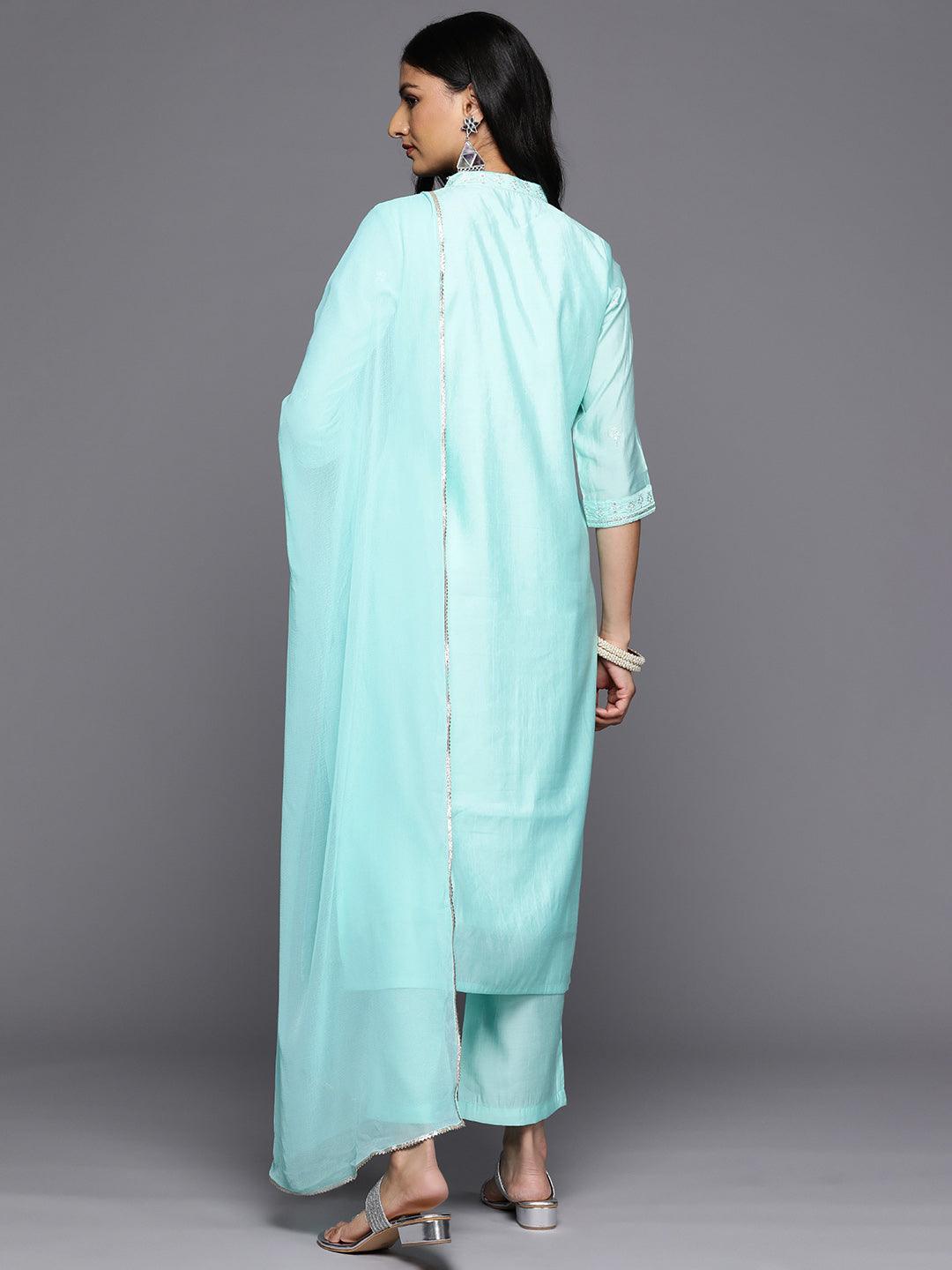 Turquoise Blue Printed Silk Blend Straight Kurta With Trousers & Dupatta