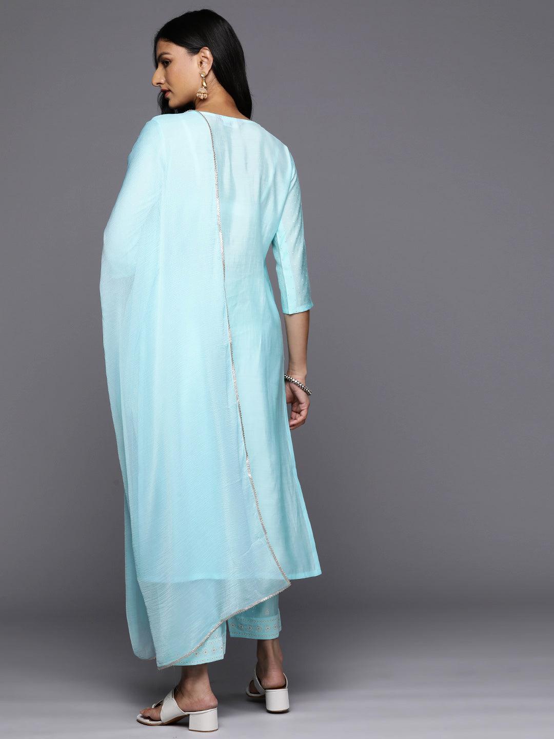 Turquoise Blue Printed Silk Blend Straight Kurta With Trousers & Dupatta