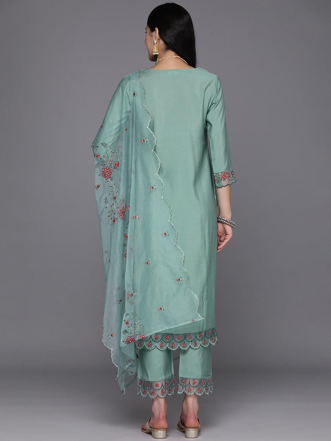 Turquoise Blue Printed Silk Blend Straight Kurta With Trousers & Dupatta