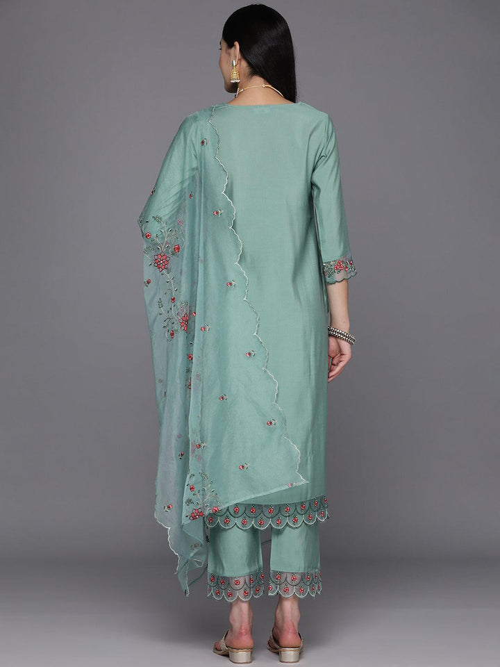 Turquoise Blue Printed Silk Blend Straight Kurta With Trousers & Dupatta - Libas