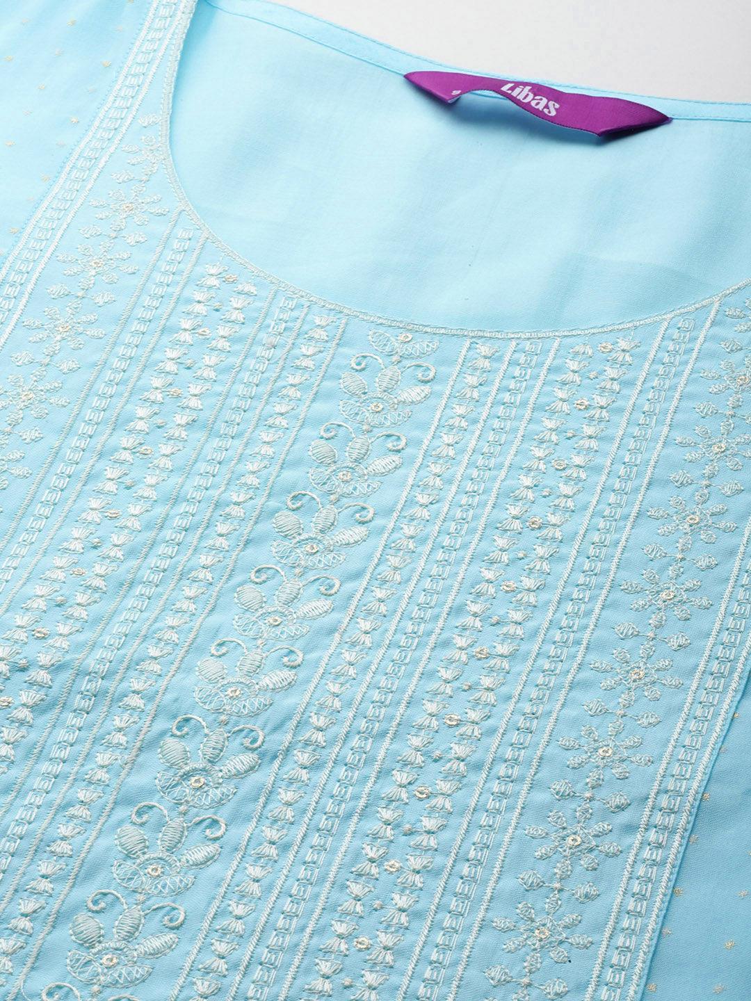 Turquoise Blue Printed Silk Blend Straight Kurta With Trousers & Dupatta