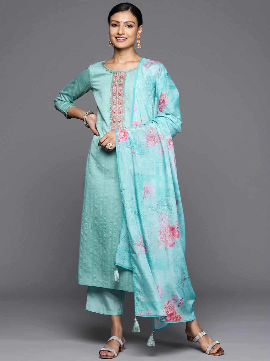 Turquoise Blue Self Design Rayon Straight Kurta With Trousers & Dupatta