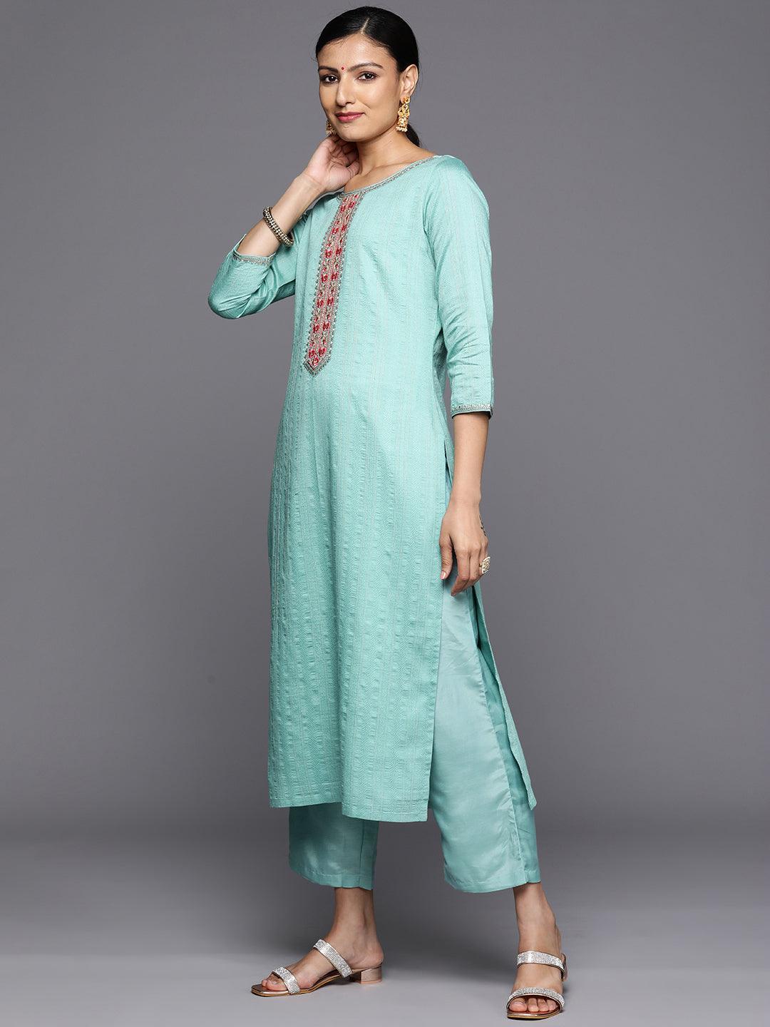 Turquoise Blue Self Design Rayon Straight Kurta With Trousers & Dupatta