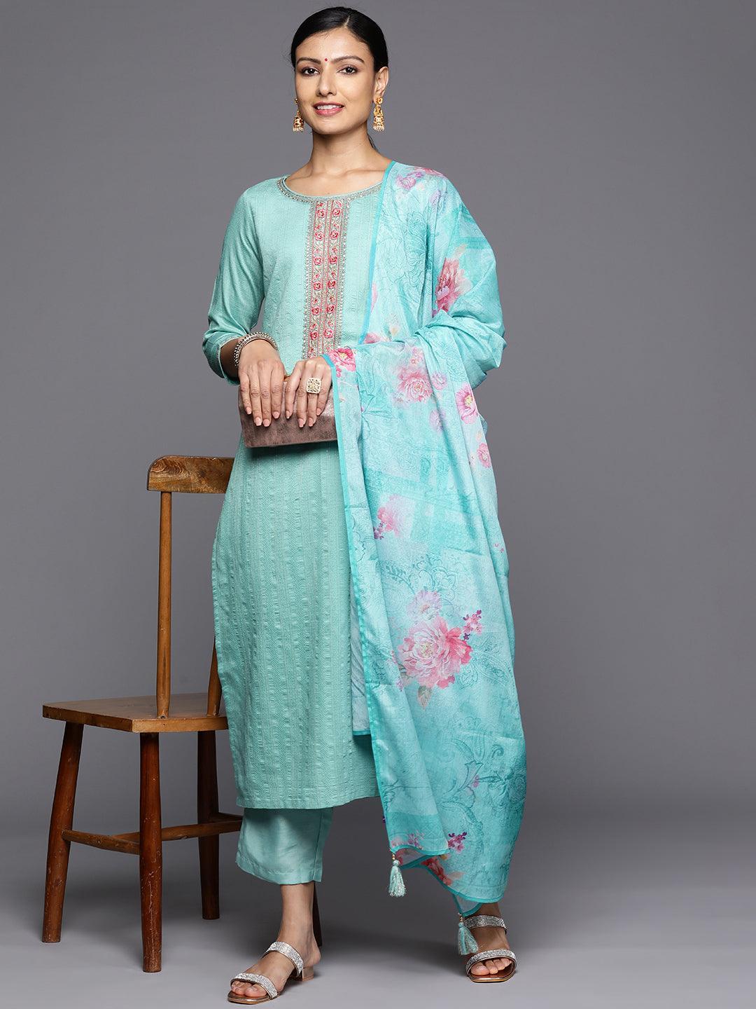 Turquoise Blue Self Design Rayon Straight Kurta With Trousers & Dupatta