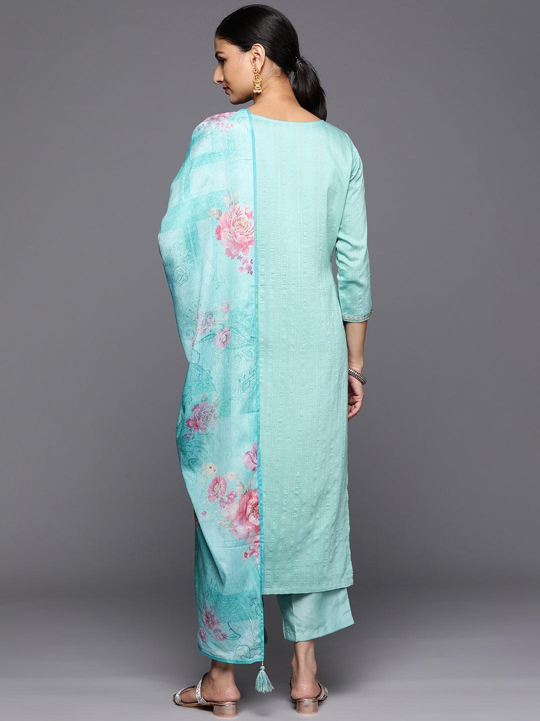 Turquoise Blue Self Design Rayon Straight Kurta With Trousers & Dupatta