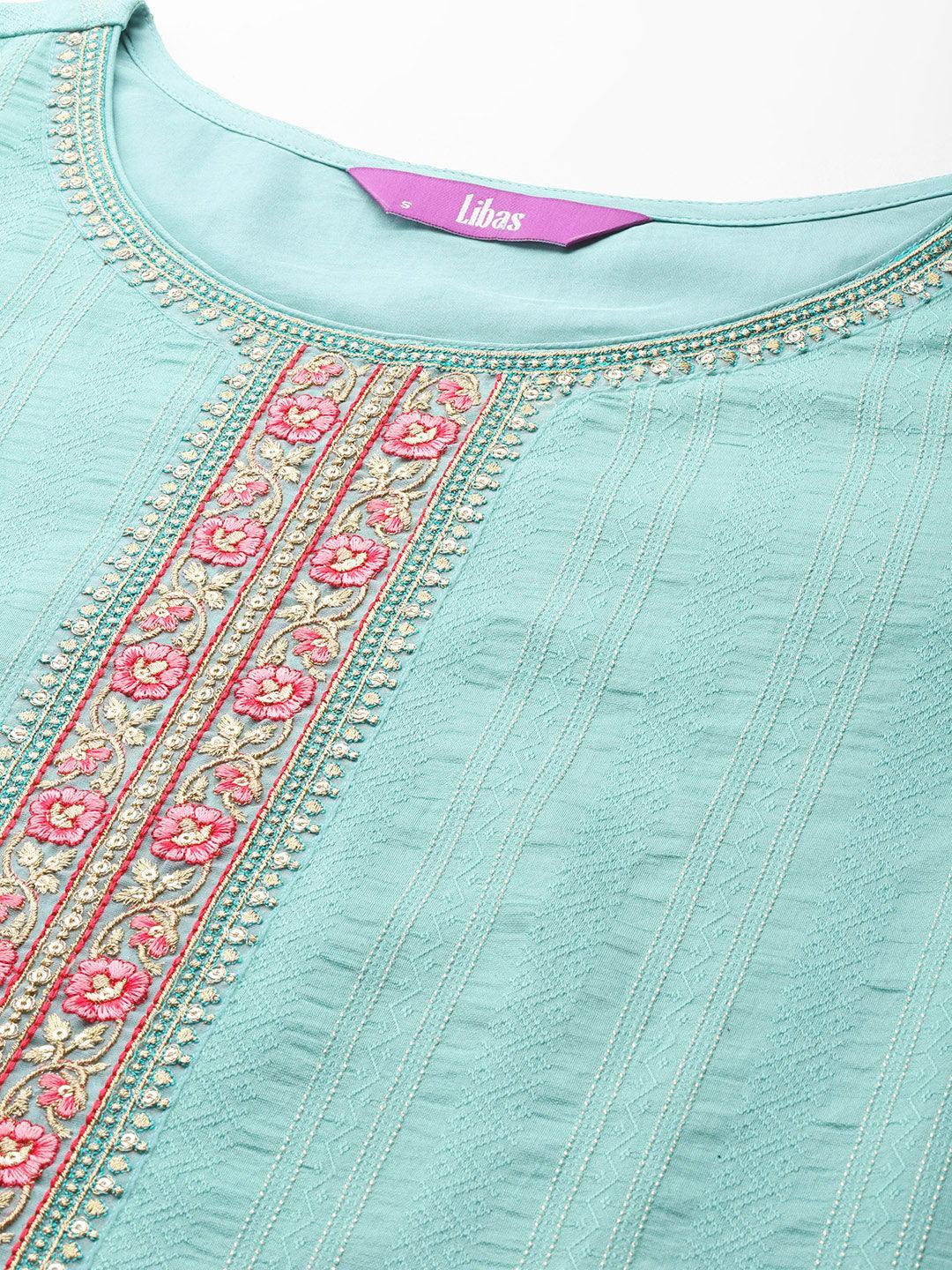 Turquoise Blue Self Design Rayon Straight Kurta With Trousers & Dupatta