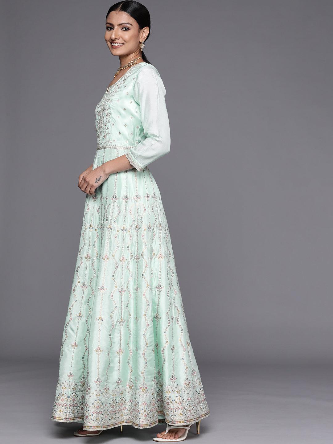 Turquoise Blue Self Design Silk Anarkali Suit Set