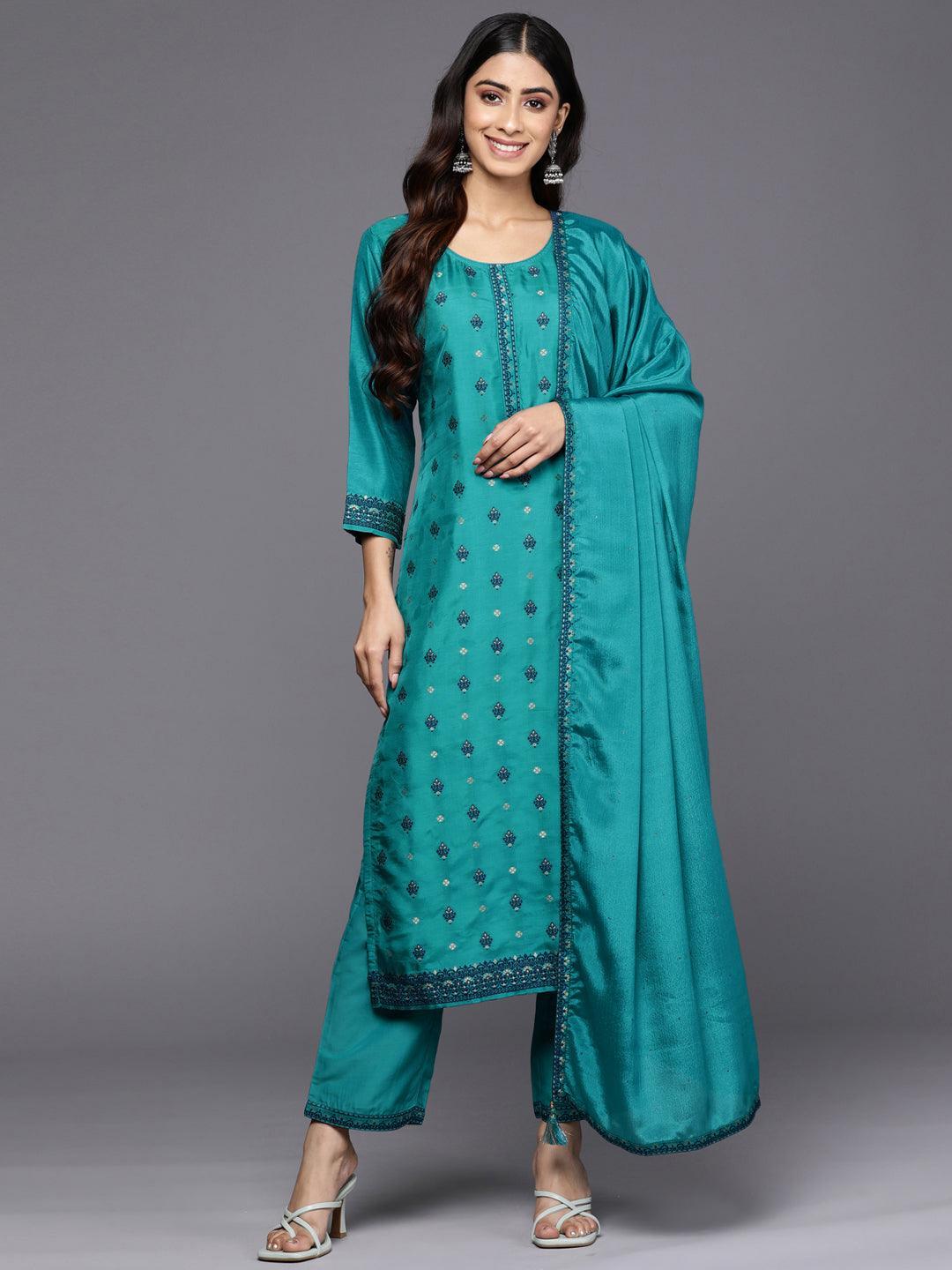 Turquoise Blue Self Design Silk Blend Straight Suit Set With Trousers