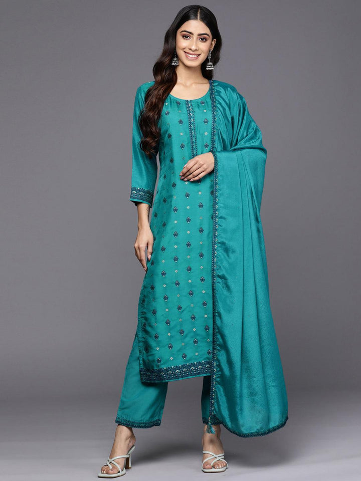 Turquoise Blue Self Design Silk Blend Straight Suit Set With Trousers - ShopLibas