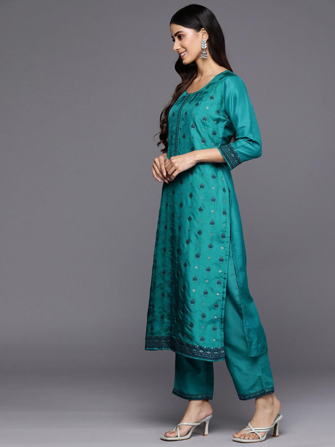 Turquoise Blue Self Design Silk Blend Straight Suit Set With Trousers - ShopLibas