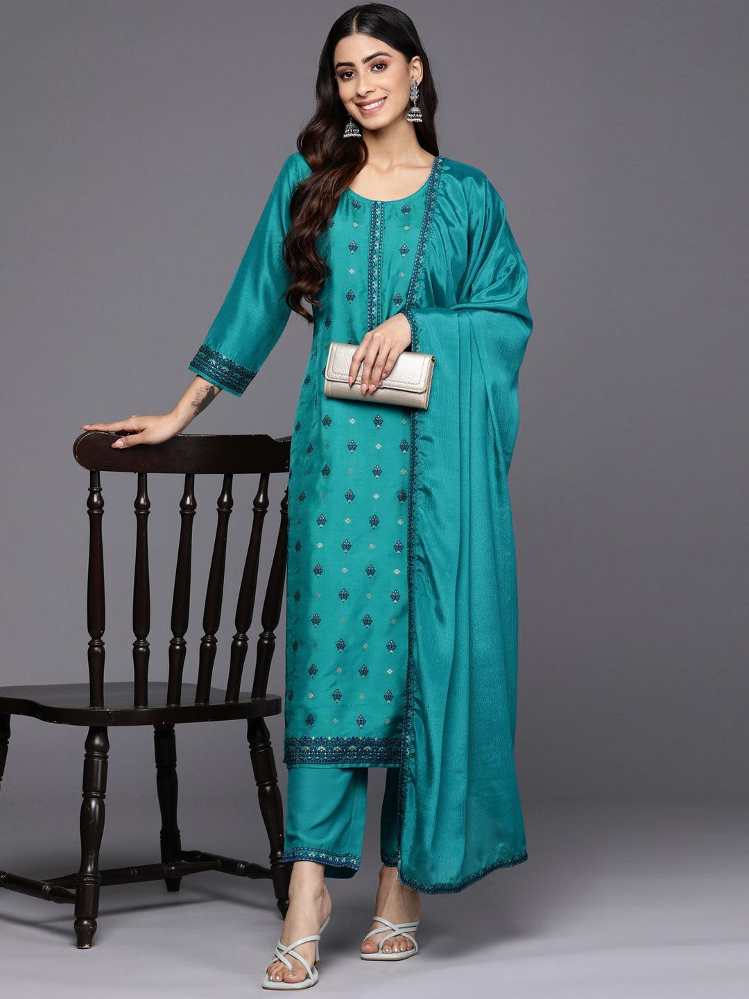 Turquoise Blue Self Design Silk Blend Straight Suit Set With Trousers - ShopLibas