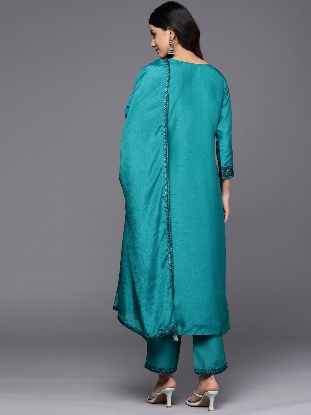 Turquoise Blue Self Design Silk Blend Straight Suit Set With Trousers - ShopLibas