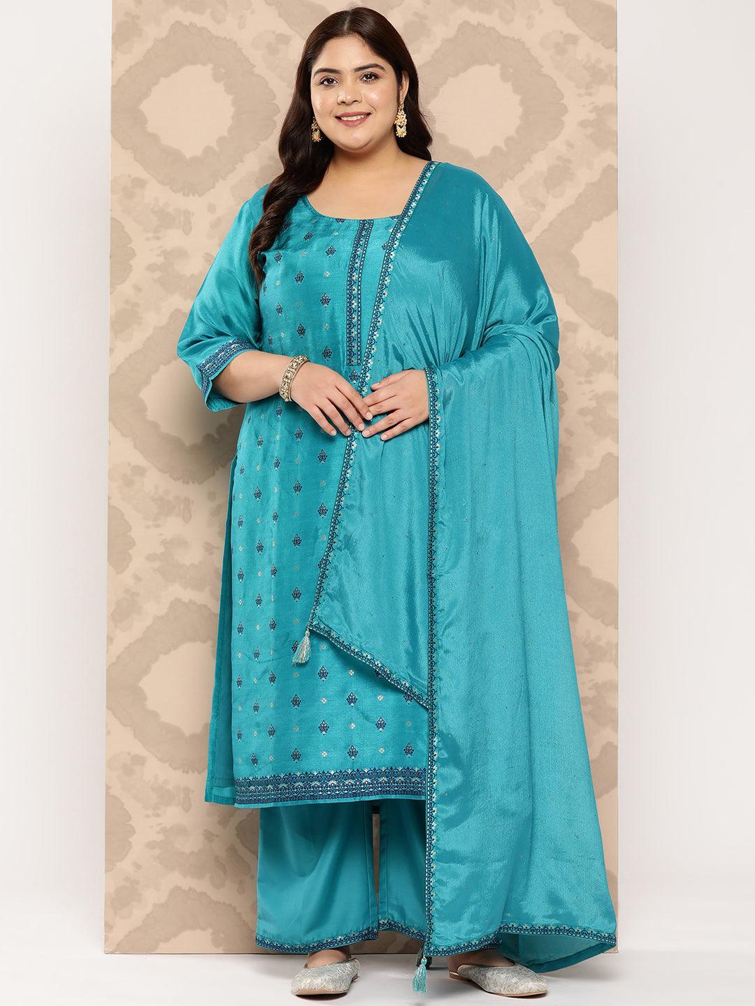 Turquoise Blue Woven Design Silk Blend Straight Kurta With Trousers and Dupatta