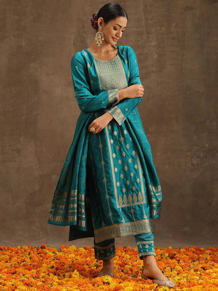 Turquoise Blue Woven Design Silk Blend Straight Suit Set With Trousers - ShopLibas