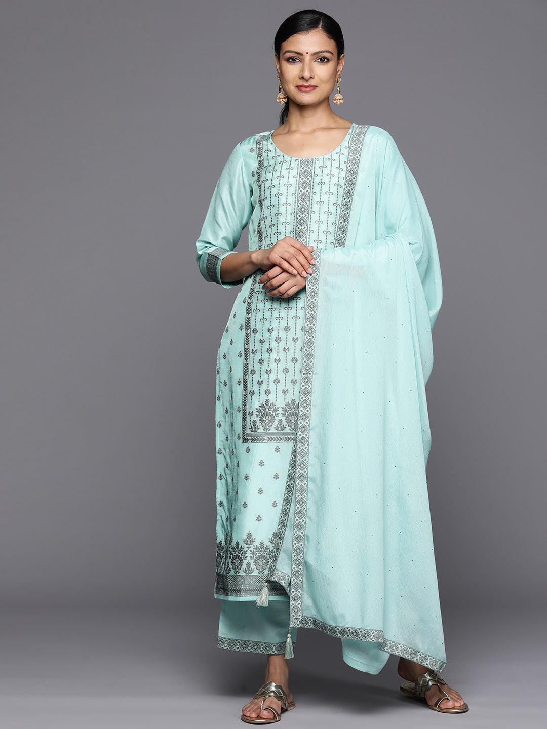 Turquoise Blue Woven Design Silk Blend Straight Kurta With Trousers & Dupatta