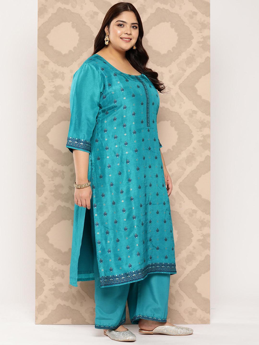 Turquoise Blue Woven Design Silk Blend Straight Kurta With Trousers and Dupatta