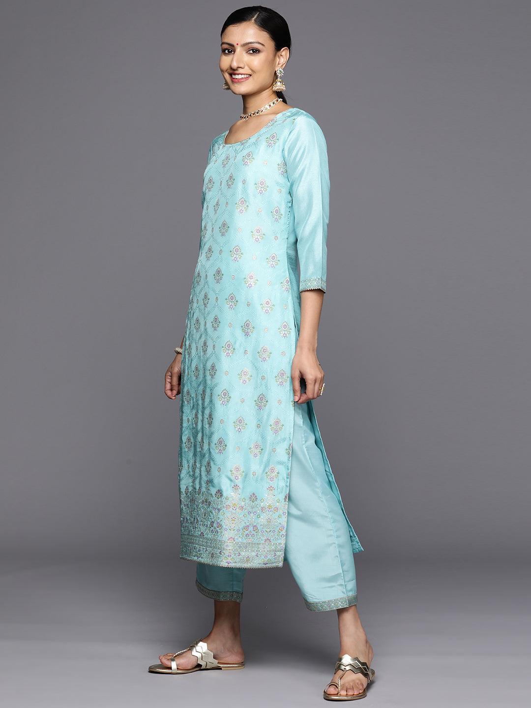 Turquoise Blue Woven Design Silk Blend Straight Kurta With Trousers & Dupatta - Libas