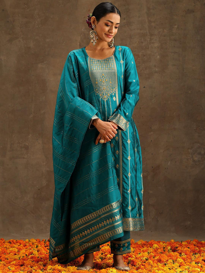 Turquoise Blue Woven Design Silk Blend Straight Suit Set With Trousers - ShopLibas