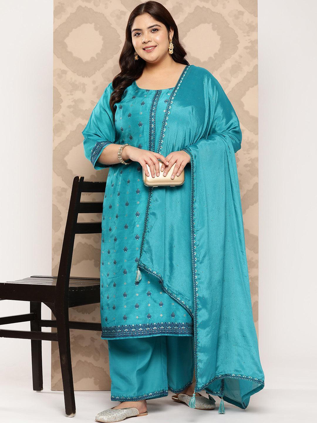 Turquoise Blue Woven Design Silk Blend Straight Kurta With Trousers and Dupatta