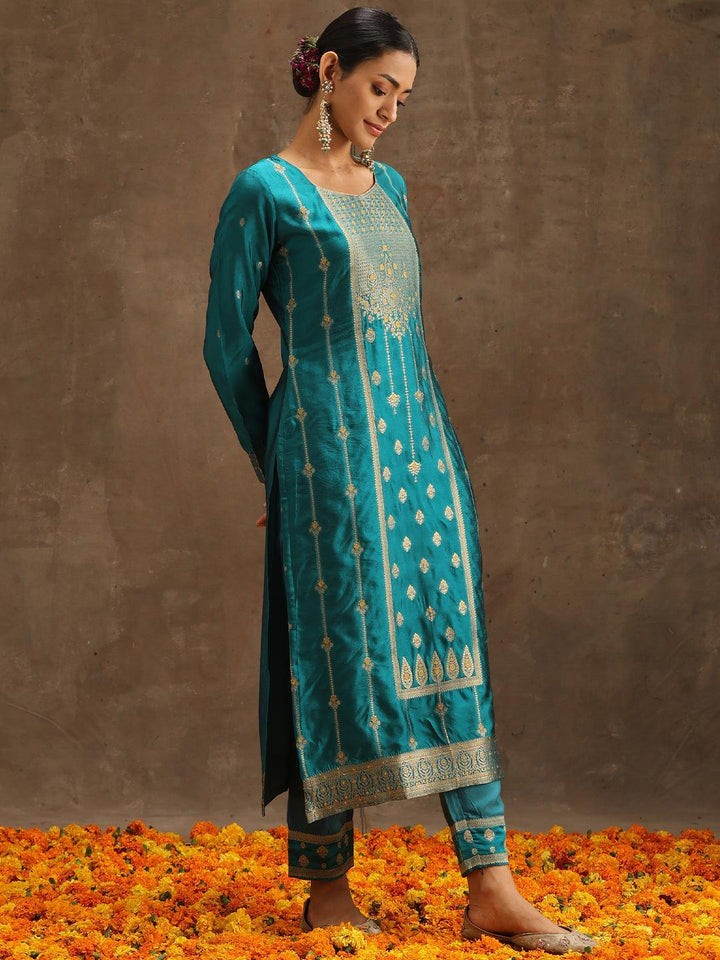 Turquoise Blue Woven Design Silk Blend Straight Suit Set With Trousers - ShopLibas