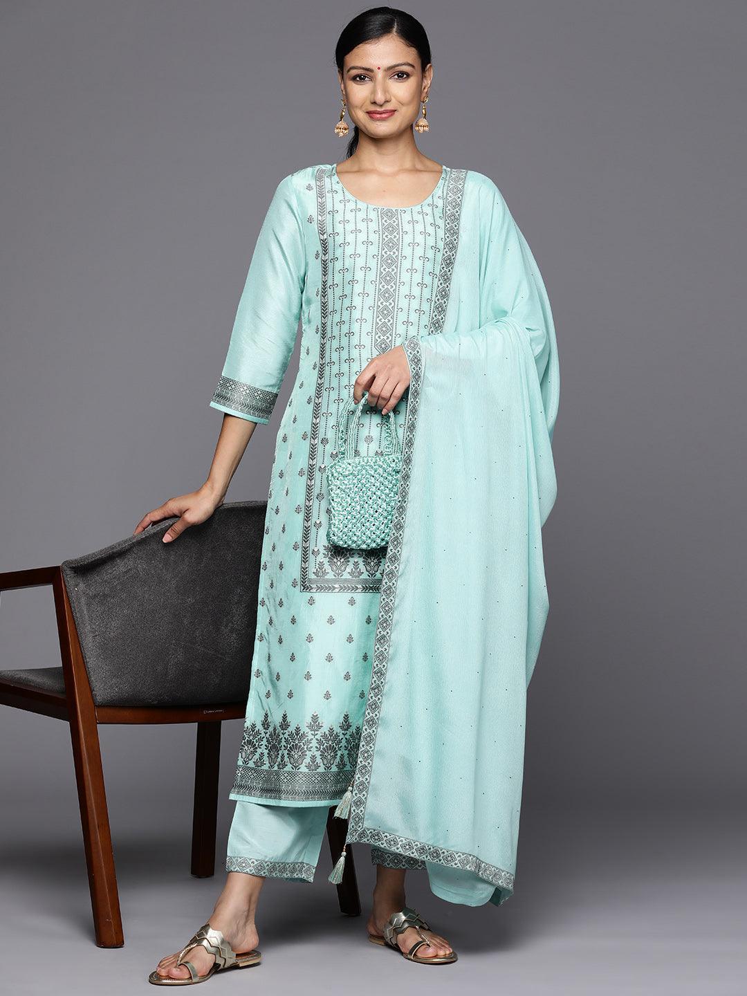 Turquoise Blue Woven Design Silk Blend Straight Kurta With Trousers & Dupatta - Libas