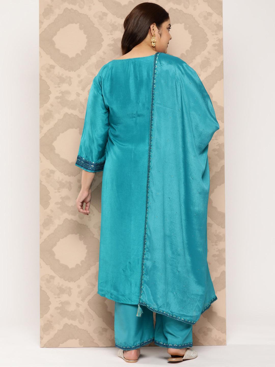 Turquoise Blue Woven Design Silk Blend Straight Kurta With Trousers and Dupatta