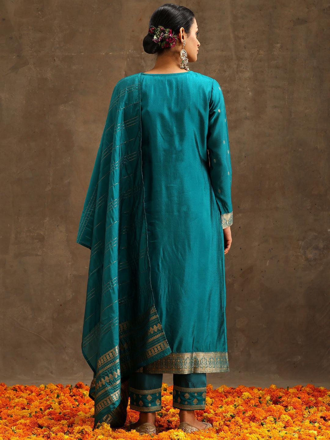 Turquoise Blue Woven Design Silk Blend Straight Suit Set With Trousers - ShopLibas