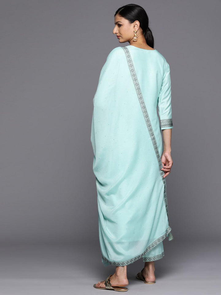 Turquoise Blue Woven Design Silk Blend Straight Kurta With Trousers & Dupatta - Libas