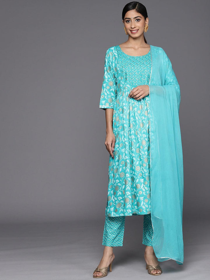 Turquoise Blue Yoke Design Rayon A-Line Suit Set With Trousers - ShopLibas