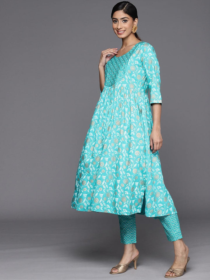 Turquoise Blue Yoke Design Rayon A-Line Suit Set With Trousers - ShopLibas