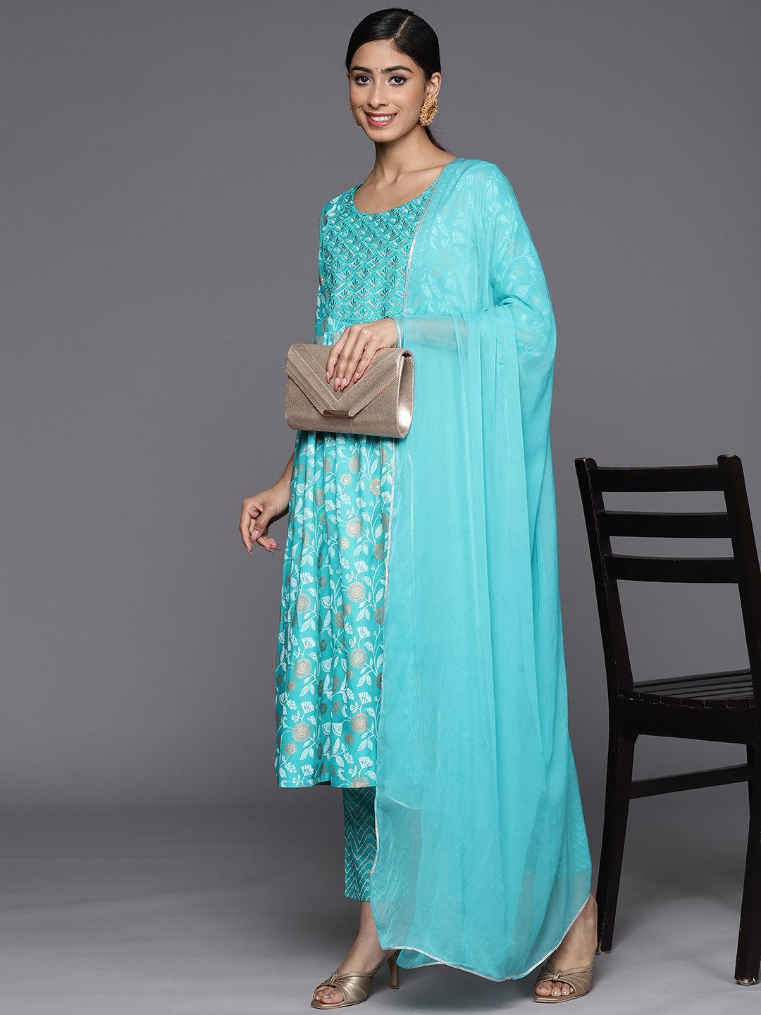 Turquoise Blue Yoke Design Rayon A-Line Suit Set With Trousers - ShopLibas