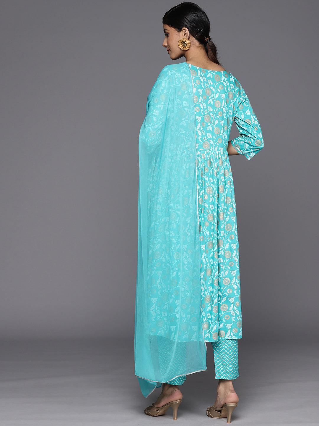 Turquoise Blue Yoke Design Rayon A-Line Suit Set With Trousers - ShopLibas