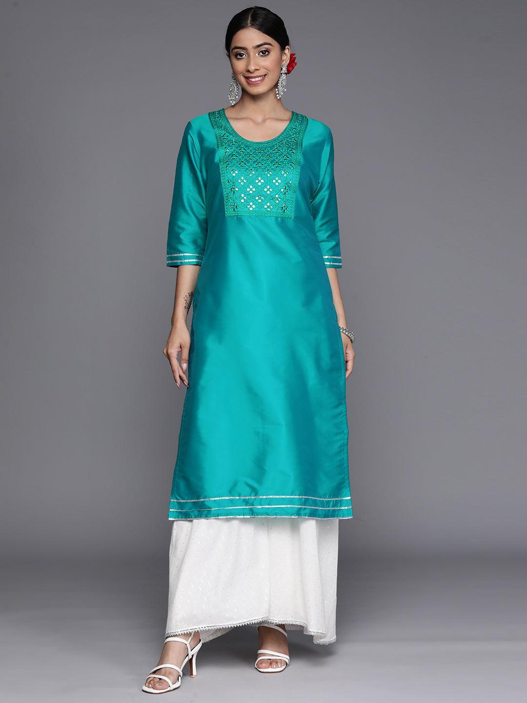 Turquoise Blue Yoke Design Silk Straight Kurta