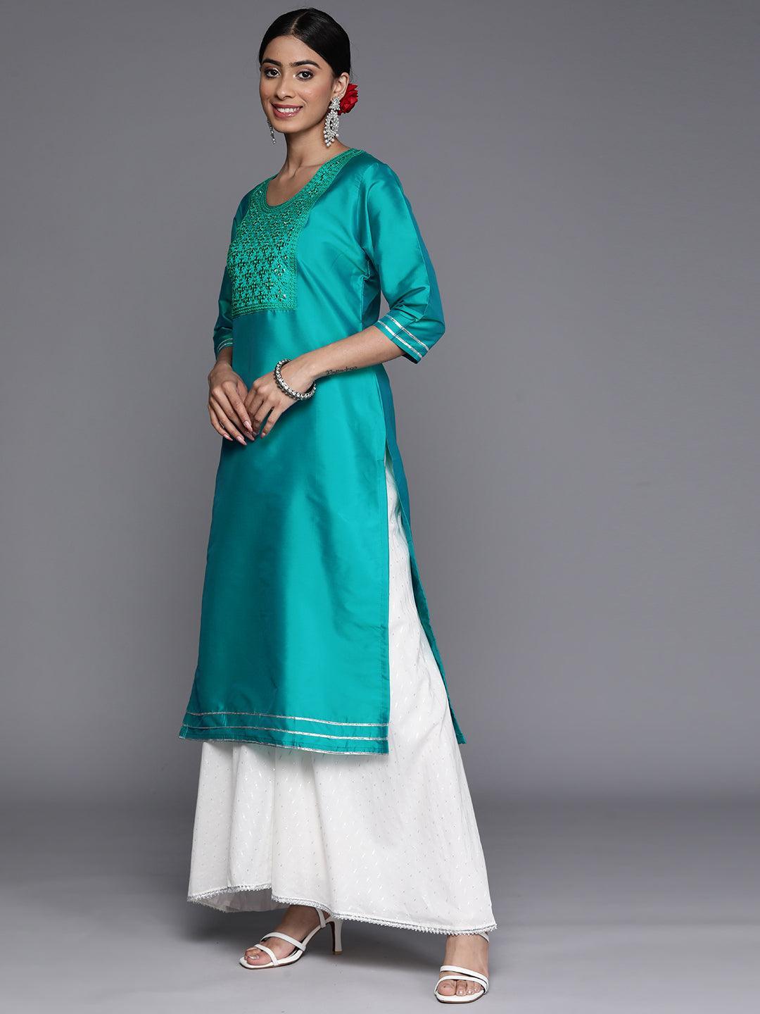 Turquoise Blue Yoke Design Silk Straight Kurta