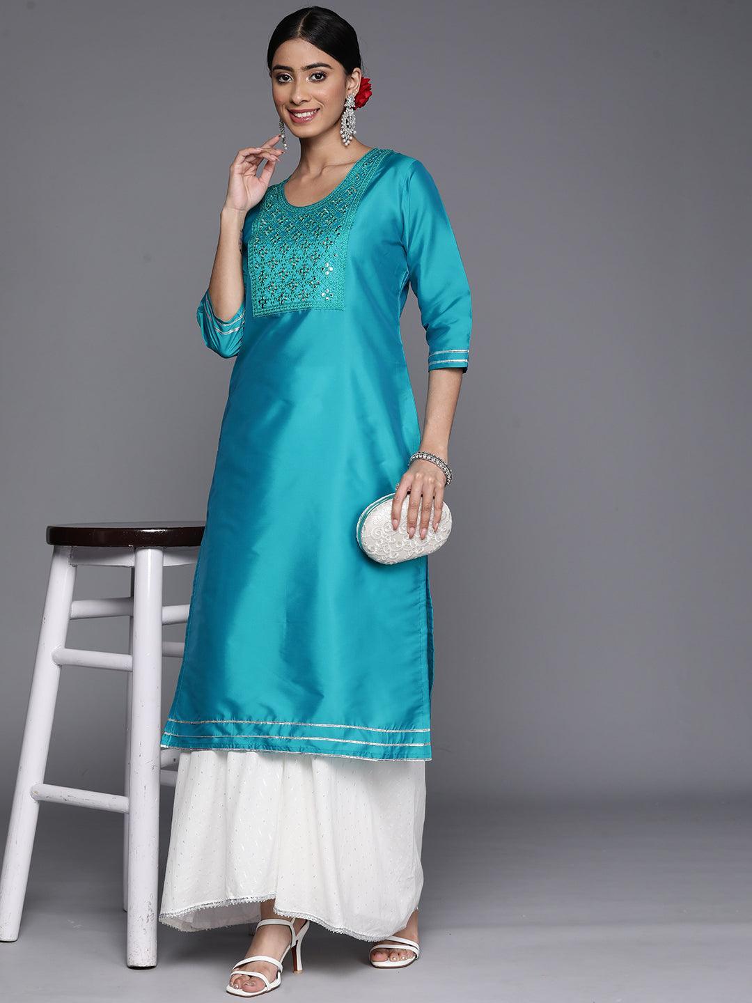 Turquoise Blue Yoke Design Silk Straight Kurta