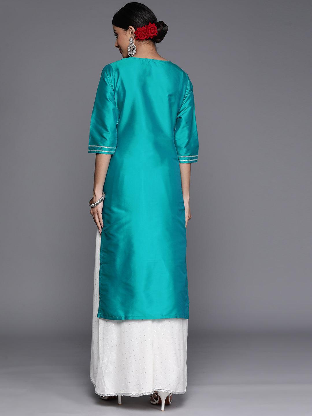 Turquoise Blue Yoke Design Silk Straight Kurta