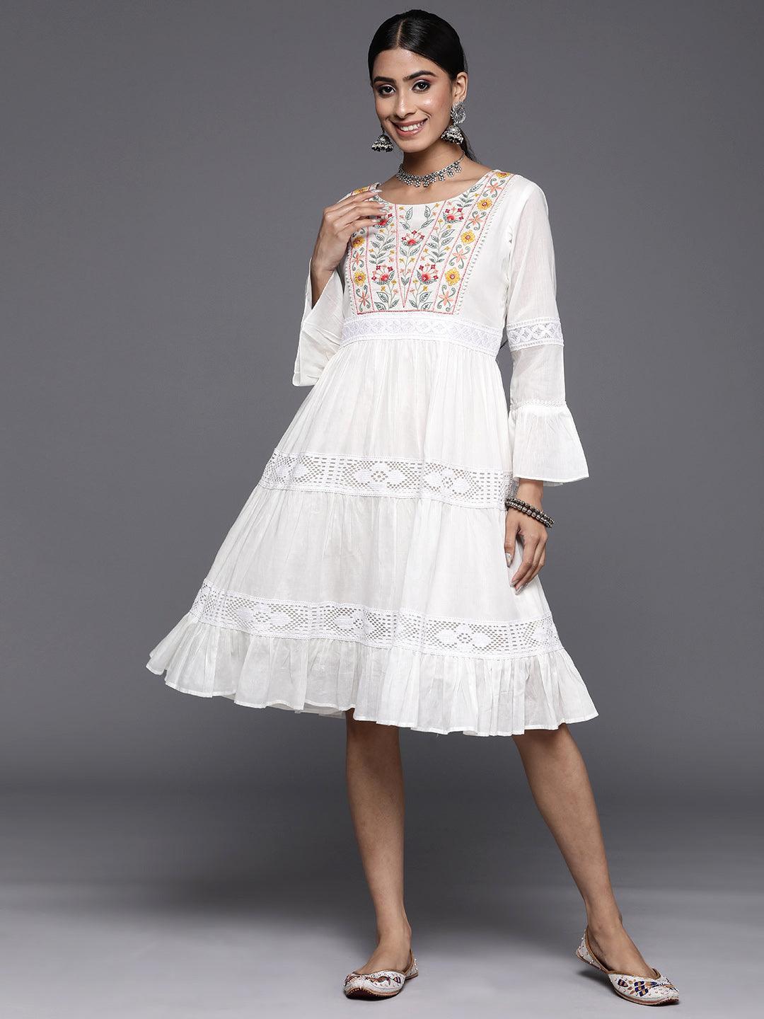 White Embroidered Cotton Fit and Flare Dress