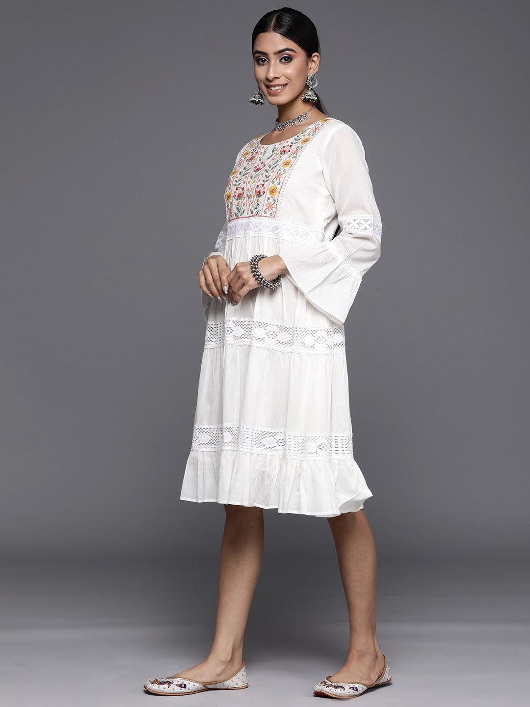 White Embroidered Cotton Fit and Flare Dress