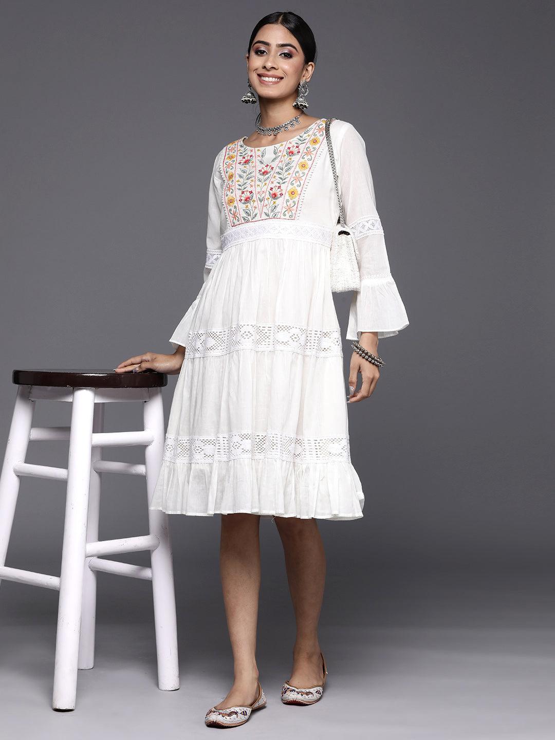 White Embroidered Cotton Fit and Flare Dress - ShopLibas