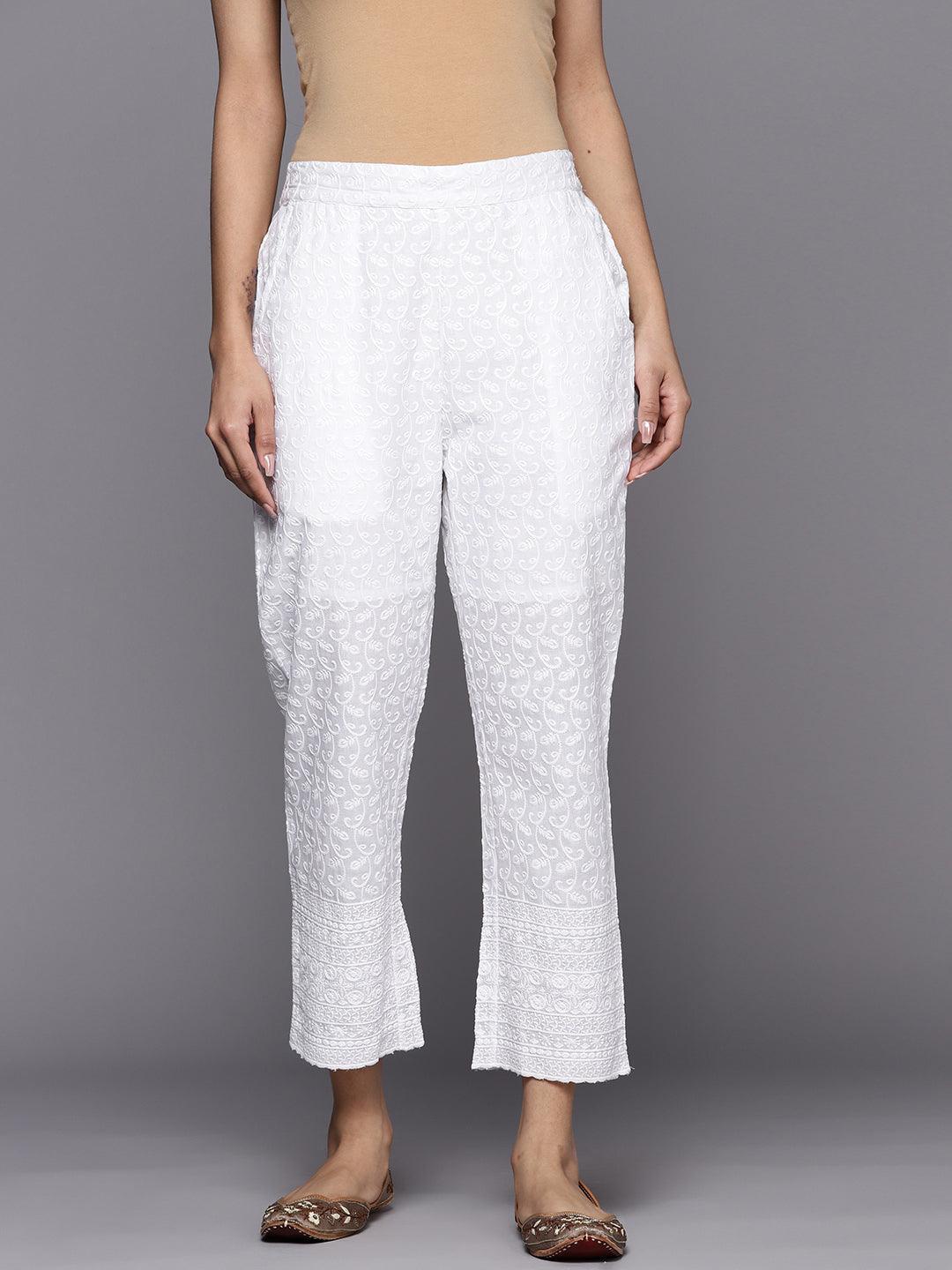 White Embroidered Cotton Trousers