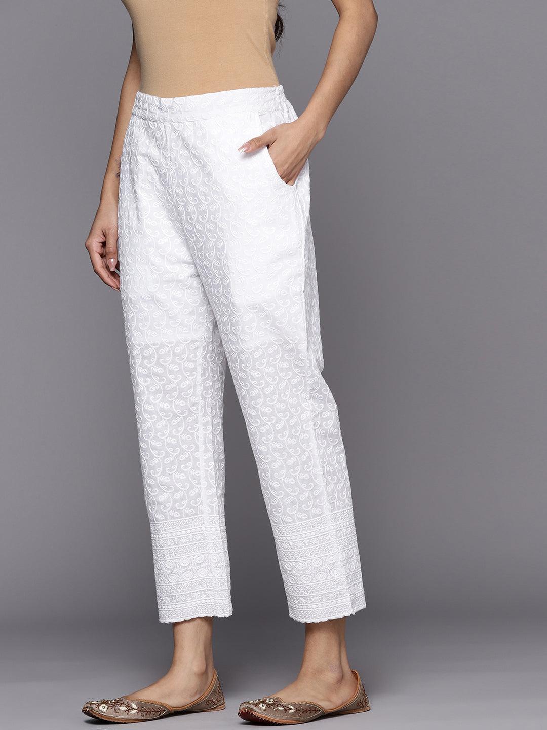 White Embroidered Cotton Trousers