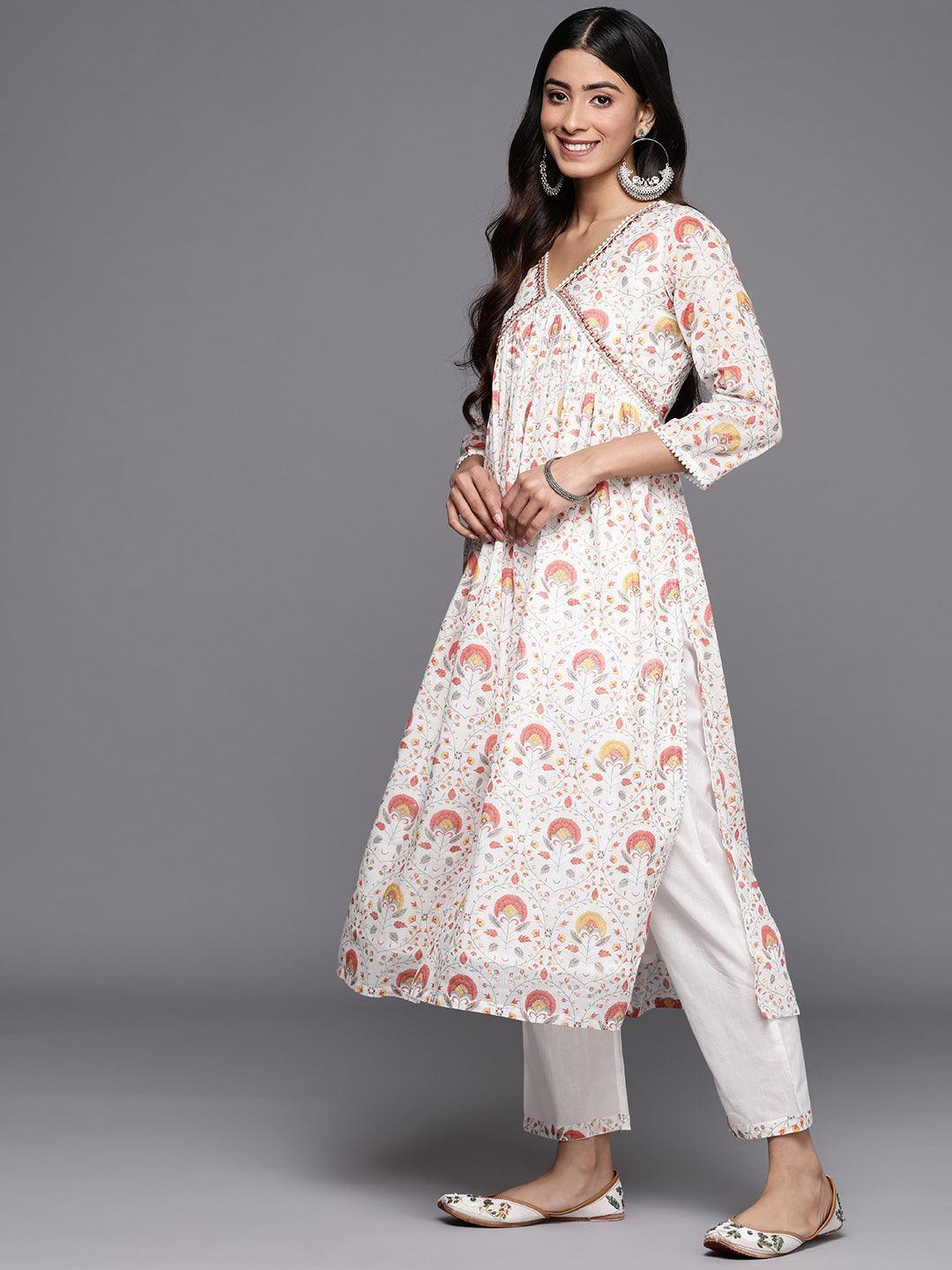 White Printed Cotton A-Line Suit Set With Trousers - ShopLibas