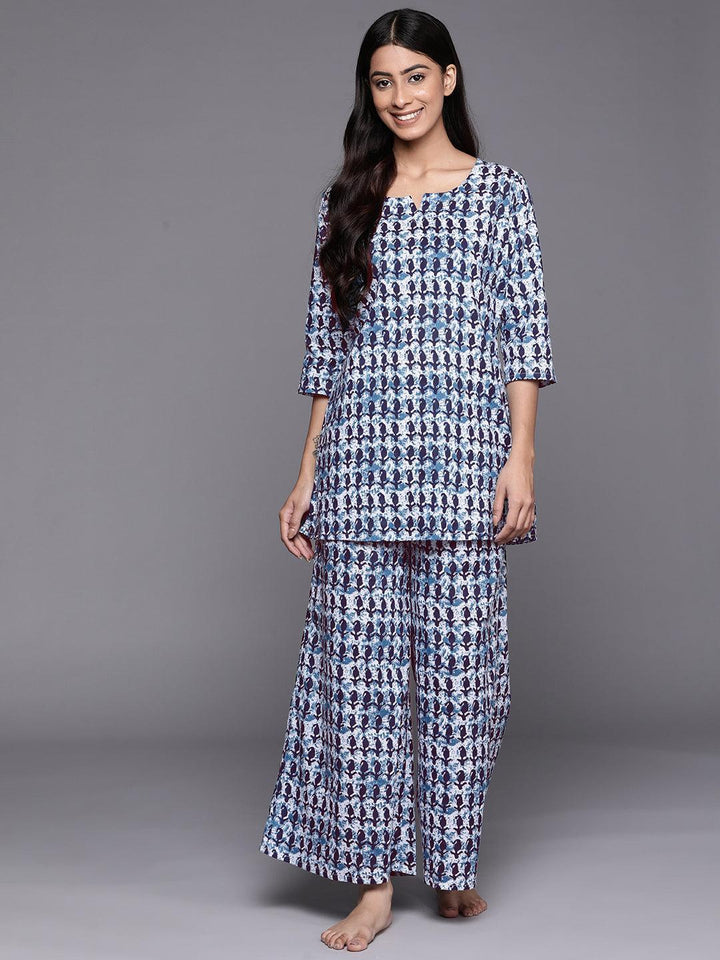 White Printed Cotton Night Suit - ShopLibas