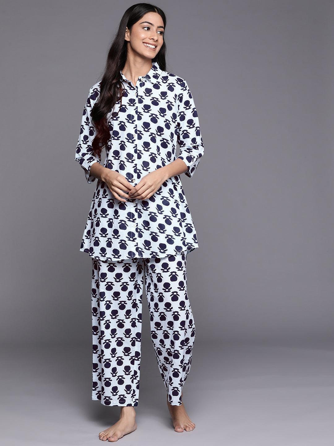 White Printed Cotton Night Suit