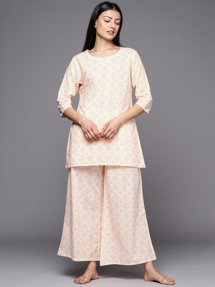 White Printed Cotton Night Suit - ShopLibas