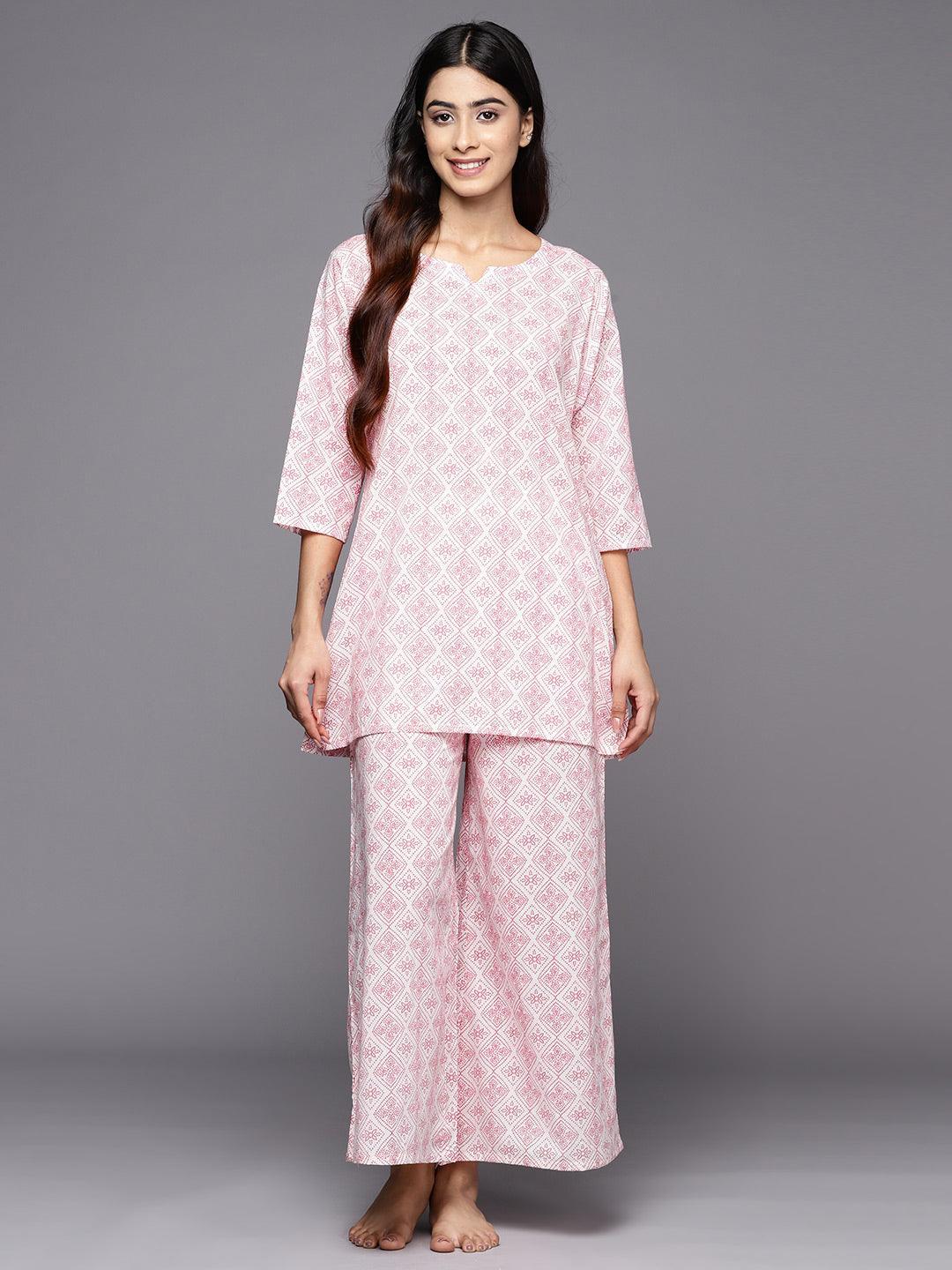 White Printed Cotton Night Suit