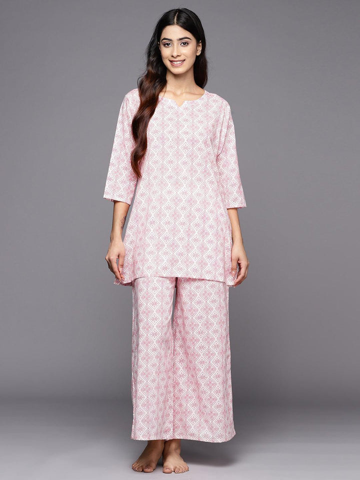 White Printed Cotton Night Suit - ShopLibas